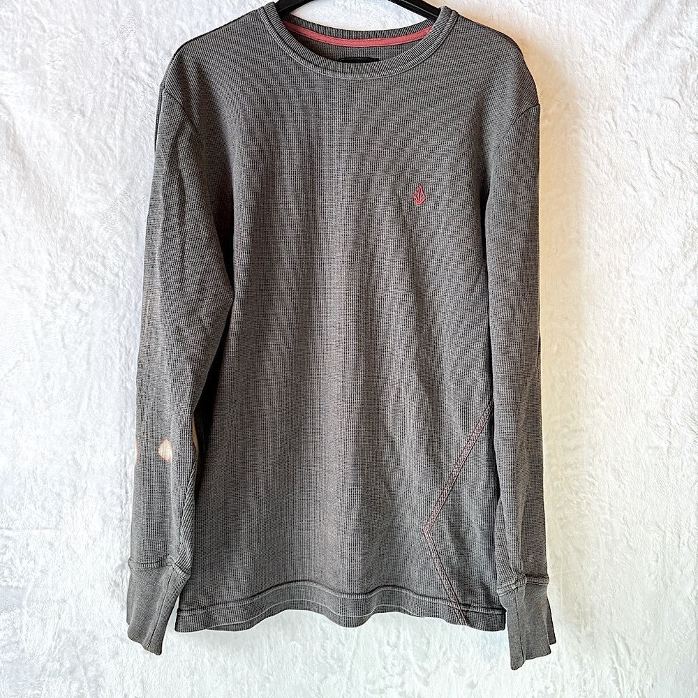 Volcom Gray Shirt Thrashed Bleached Destroyed Long Sleeve Waffle Knit Grunge M
